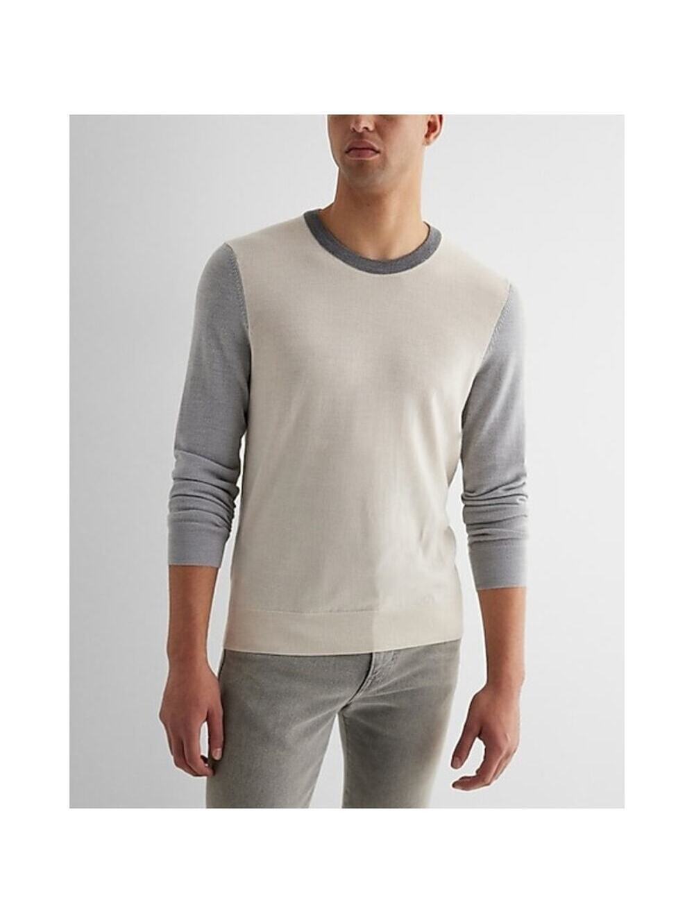 Express Color Block Merino Wool Sweater Gray Beige Crewneck Pullover Size M